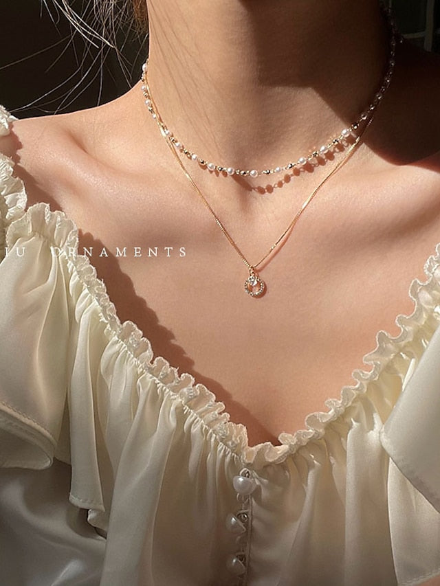 1PC Necklace  Layered Choker Necklace Handmade 14K Gold Plated Y Pendant Necklace Multilayer Bar Disc Necklace Adjustable Layering Choker Necklaces for Women for Women