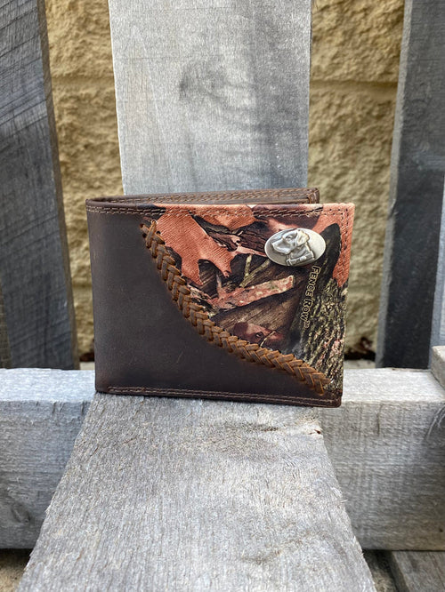 Zep-Pro Lab Concho 1/2 Mossy Oak Camo/Brown Bi-fold Wallet. Front view shows 
Crazy Horse Brown Distressed Leather
Mossy Oak Break-Up Leather Print Design
Laced “Fence-row” Border between camo and brown leather
Measures (folded) 4.25 inches X 3.5 inches
Lab silver tone concho on upper right corner on camo