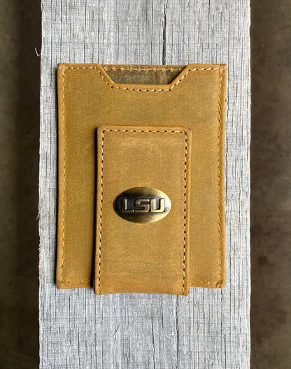 Zep Pro Louisiana State University Tigers Vintage Tan Leather Front Pocket Wallet. Front view features LSU logo brass concho on cash magnetic closure tab.