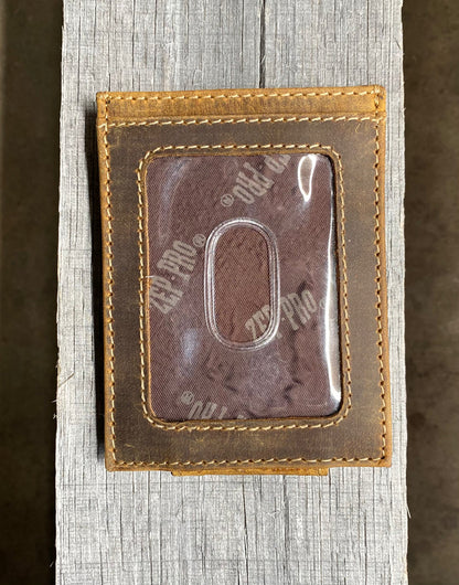 Zep Pro Louisiana State University Tigers Vintage Tan Leather Front Pocket Wallet shows clear plastic ID back window.