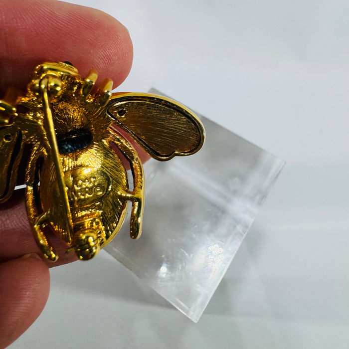 Joan Rivers Bee Brooch Blue Denim Crystal Gold Tone Signed Insect Pin