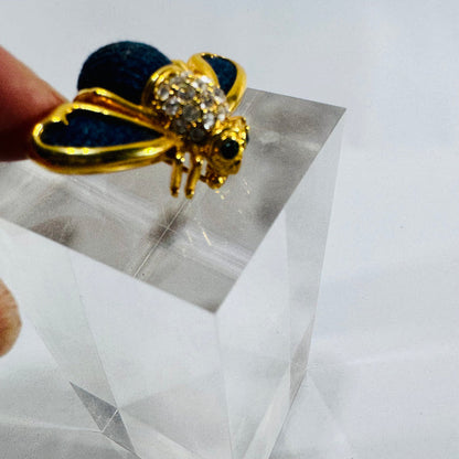 Joan Rivers Bee Brooch Blue Denim Crystal Gold Tone Signed Insect Pin