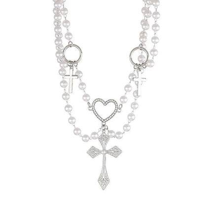 O ring faux pearl layered cross pendant choker necklace  | Festival Outfits Women