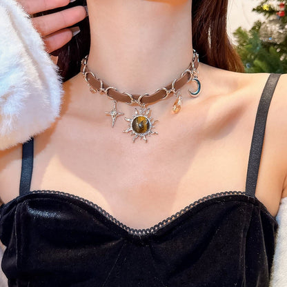 Sun pendant PU leather choker necklace  | Festival Outfits Women