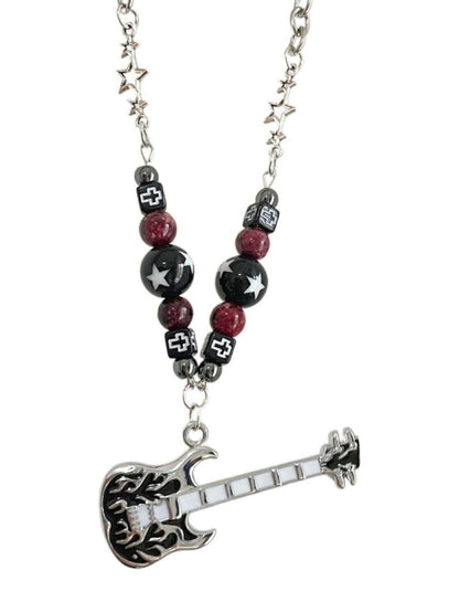 Guitar pendant metal chain beaded necklace  | Festival Outfits Women