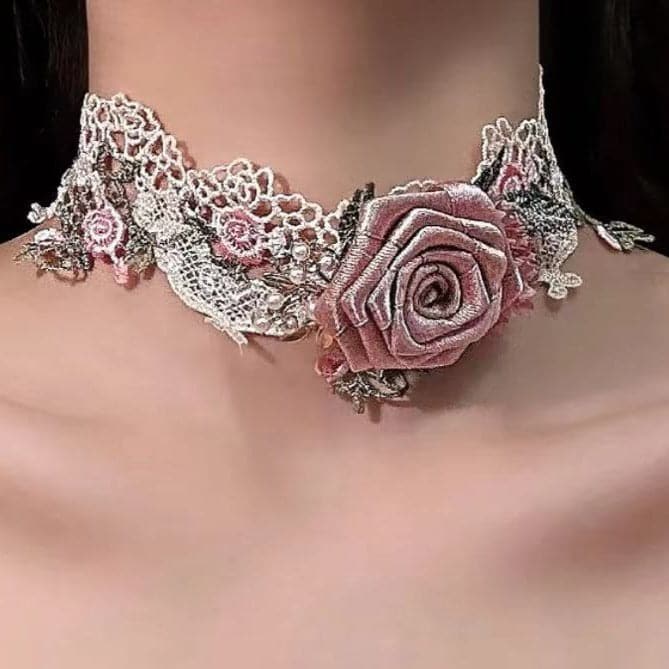 Rose applique lace faux pearl choker necklace  | Festival Outfits Women