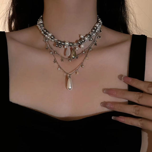 Layered faux pearl pendant choker necklace  | Festival Outfits Women