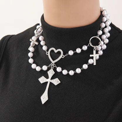 O ring faux pearl layered cross pendant choker necklace  | Festival Outfits Women