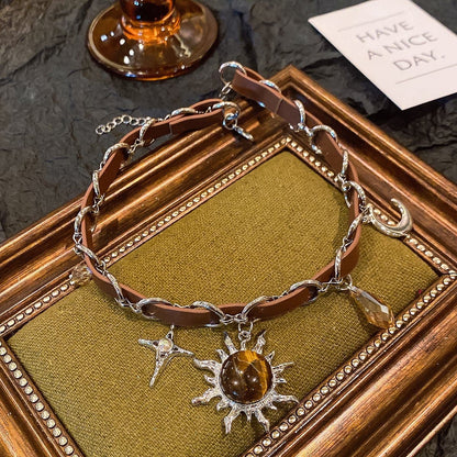 Sun pendant PU leather choker necklace  | Festival Outfits Women
