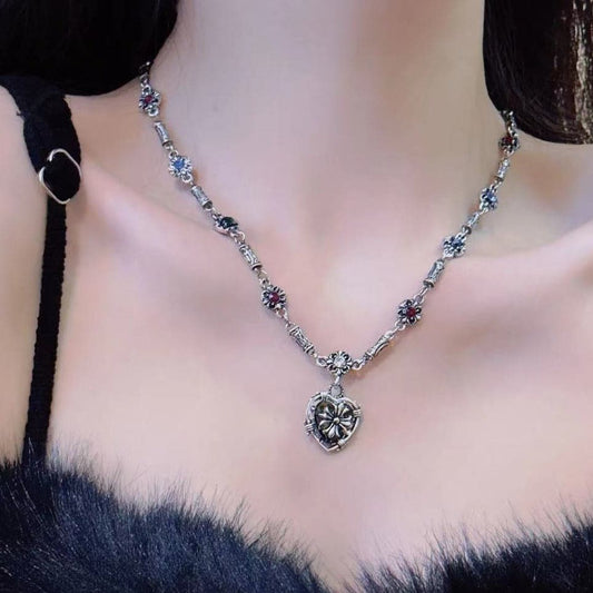 Heart pendant flower rhinestone necklace  | Festival Outfits Women
