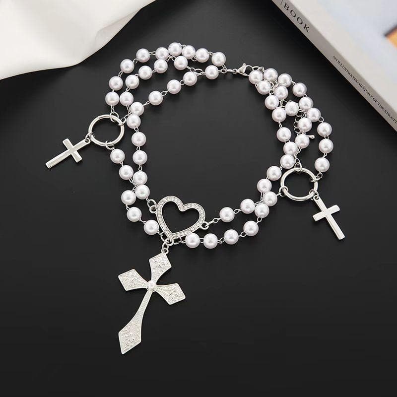O ring faux pearl layered cross pendant choker necklace  | Festival Outfits Women
