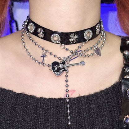 Guitar decor metal chain PU leather cross choker necklace  | Festival Outfits Women