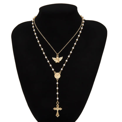 Angel cross pendant pearl layered necklace