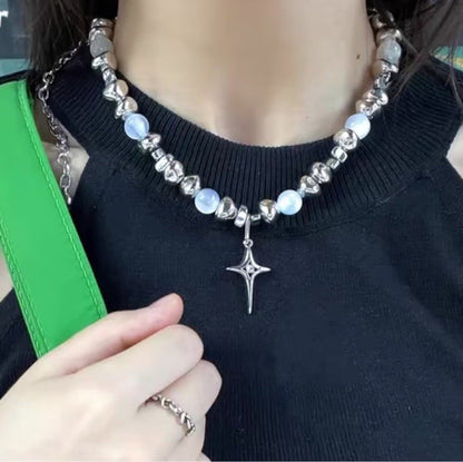 Beaded faux pearl metal chain necklace  | Festival Outfits Women