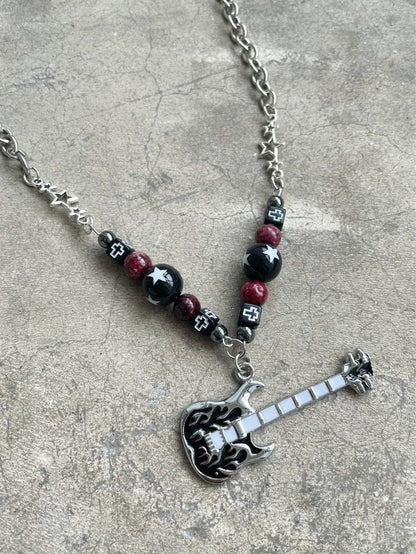 Guitar pendant metal chain beaded necklace  | Festival Outfits Women