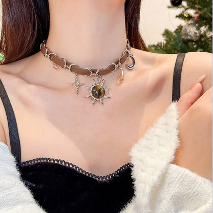 Sun pendant PU leather choker necklace  | Festival Outfits Women