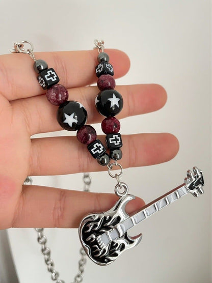 Guitar pendant metal chain beaded necklace  | Festival Outfits Women