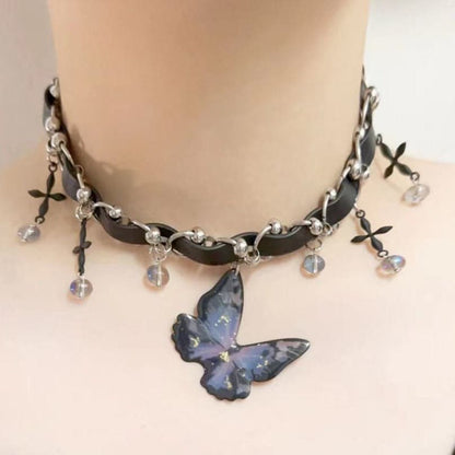 Butterfly PU leather beaded cross choker necklace  | Festival Outfits Women