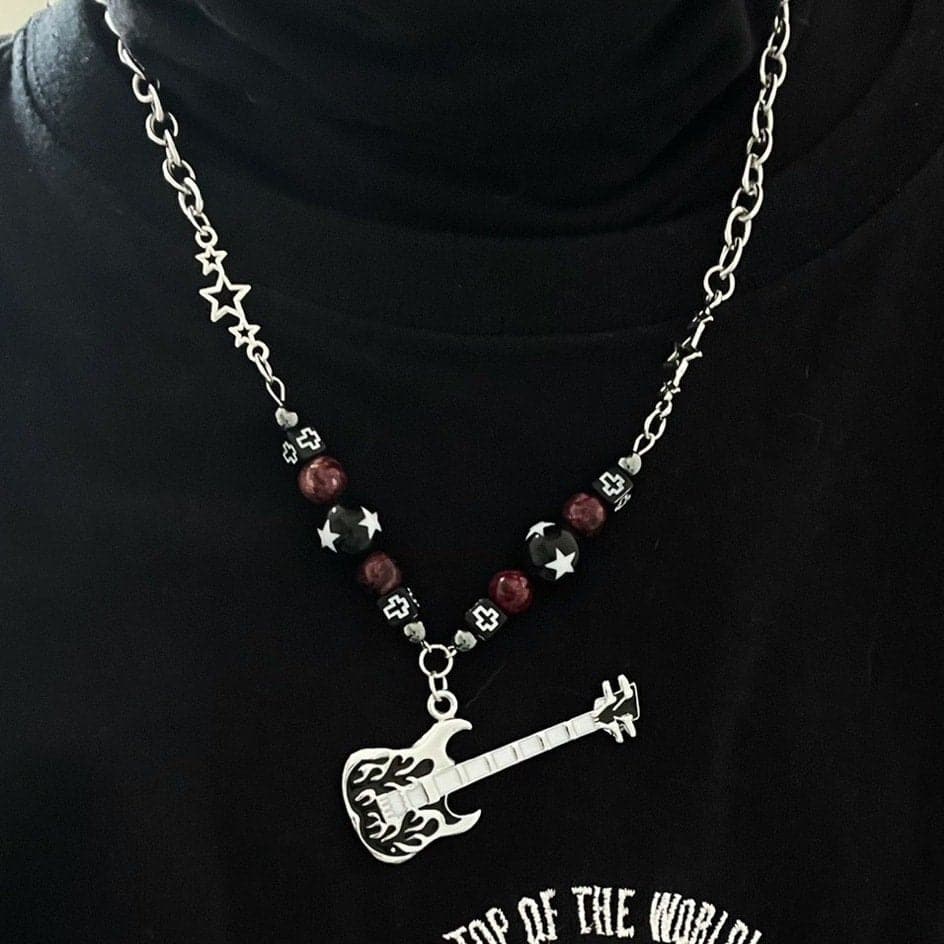 Guitar pendant metal chain beaded necklace  | Festival Outfits Women