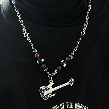 Guitar pendant metal chain beaded necklace  | Festival Outfits Women