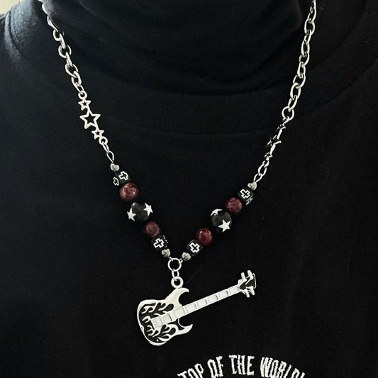 Guitar pendant metal chain beaded necklace  | Festival Outfits Women