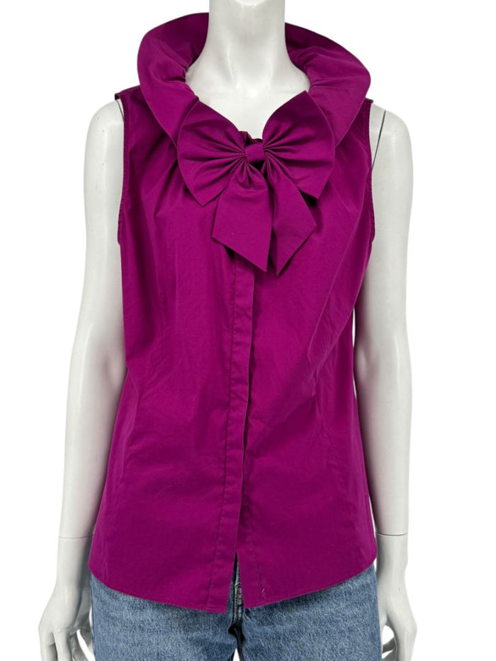Lafayette 148 New York Sleeveless Cotton Poplin Bow-Collar Blouse – Size 12