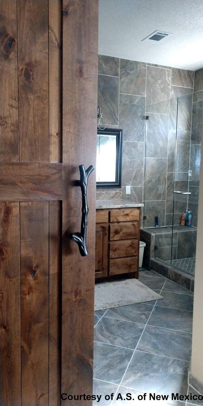 Tree Branch Pull and Flush Pull set on Barn Door- Wild West Hardware