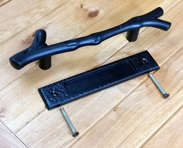 Large Tree Branch Barn Door Handle and Matching Flush Pull Set - Wild West Hardware