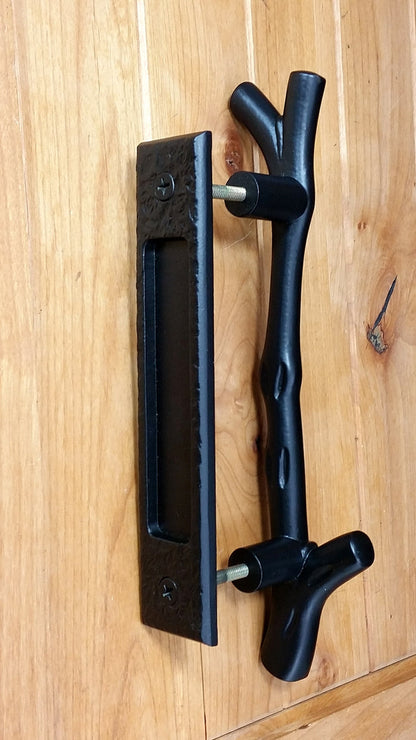 Large Tree Branch Barn Door Handle and Matching Flush Pull Set - Wild West Hardware
