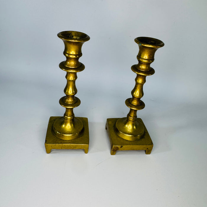 Vintage Miniature Brass Candlestick Holders Pair, 4 Inch Georgian Style Square Base Candle Holders, English Style Brass Decor