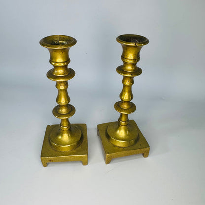 Vintage Miniature Brass Candlestick Holders Pair, 4 Inch Georgian Style Square Base Candle Holders, English Style Brass Decor