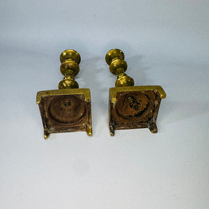 Vintage Miniature Brass Candlestick Holders Pair, 4 Inch Georgian Style Square Base Candle Holders, English Style Brass Decor
