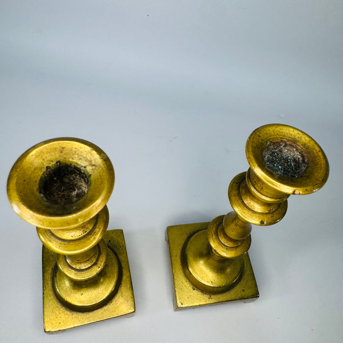Vintage Miniature Brass Candlestick Holders Pair, 4 Inch Georgian Style Square Base Candle Holders, English Style Brass Decor