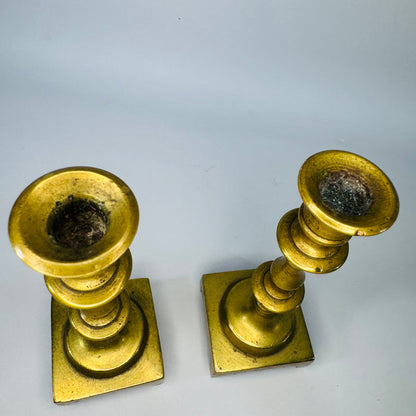 Vintage Miniature Brass Candlestick Holders Pair, 4 Inch Georgian Style Square Base Candle Holders, English Style Brass Decor