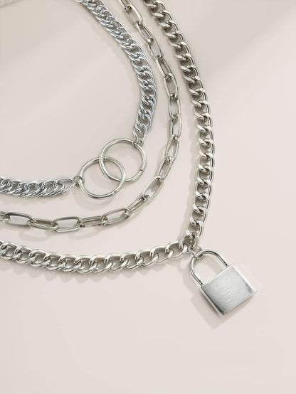 Lock Charm Chunky Chain Necklace Set - 3pcs for Women