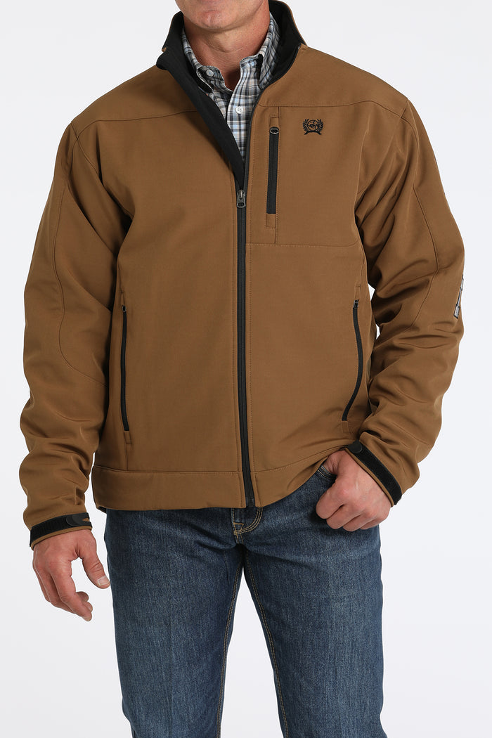 Full front view of brown Cinch bonded jacket. Shows soft black collar and front zipper lining.