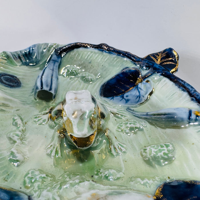 Mid-Century Majolica Frog on Lily Pad Trinket Dish — Sitzendorf Attributed Germany — Ebeling & Reuss Golden Crown Style | Pattern 33