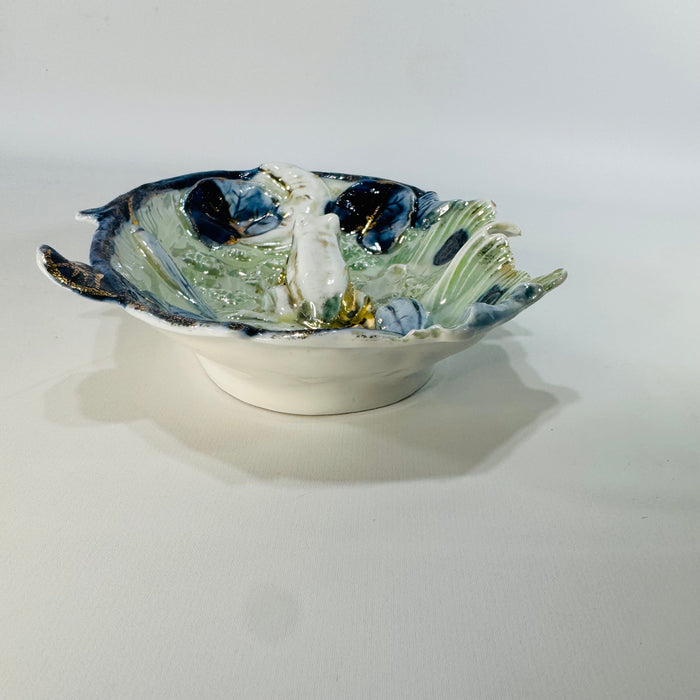 Mid-Century Majolica Frog on Lily Pad Trinket Dish — Sitzendorf Attributed Germany — Ebeling & Reuss Golden Crown Style | Pattern 33