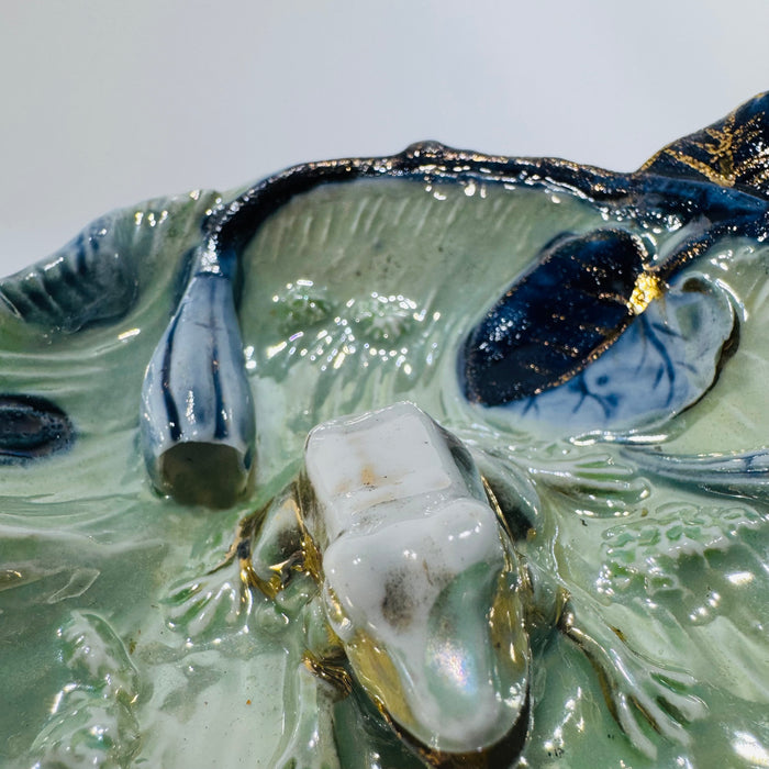 Mid-Century Majolica Frog on Lily Pad Trinket Dish — Sitzendorf Attributed Germany — Ebeling & Reuss Golden Crown Style | Pattern 33