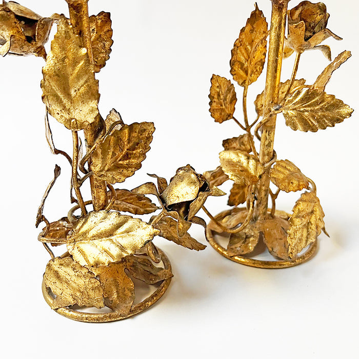 Mid-Century Metal Floral Toleware Candle Holders Made in Italy (Set of 2)