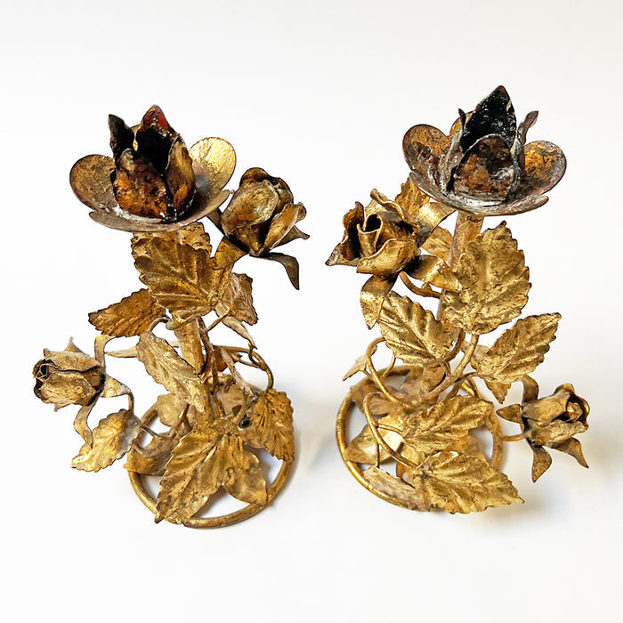 Mid-Century Metal Floral Toleware Candle Holders Made in Italy (Set of 2)