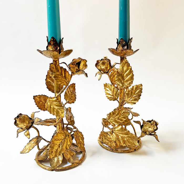 Mid-Century Metal Floral Toleware Candle Holders Made in Italy (Set of 2)