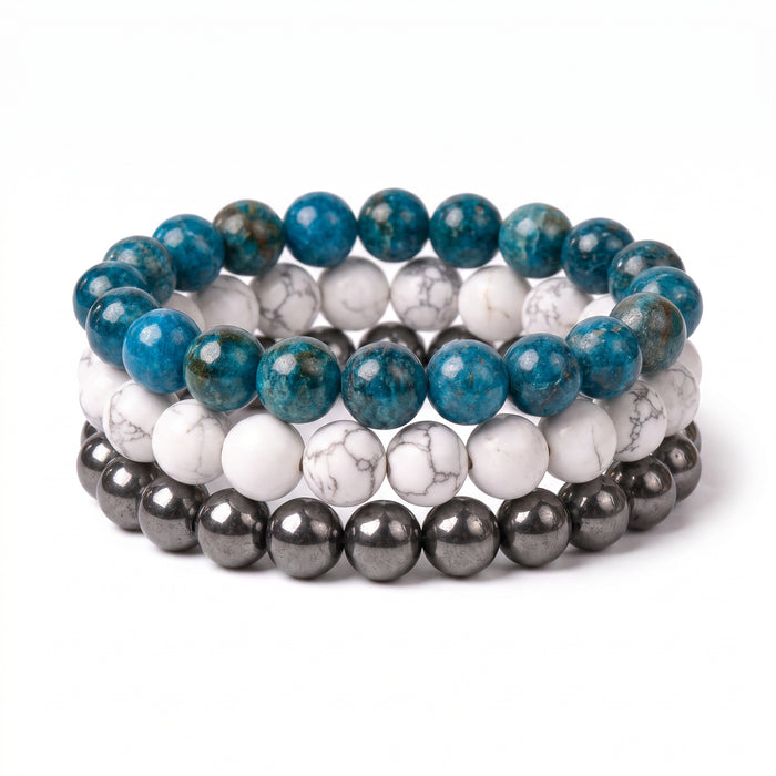Navy White & Gray, Team Spirit Bracelet Stack, Gemstone Bracelet Set - 10mm