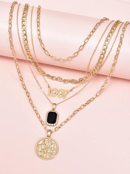 Number & Roman Coin Charm Layered Necklace for Women