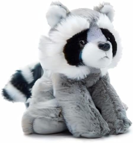 A plush toy raccoon with a striped tail, blacked-out eyes, a sneaky smile, pointy ears, and a grey soft body. Angled front view.