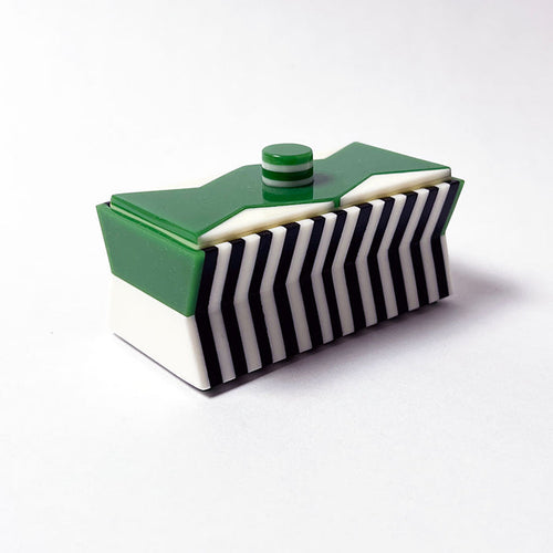 Polished Lucite Keepsake Box: Black, Cream, Green Zigzag
