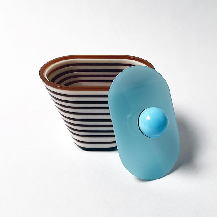 Polished Lucite Keepsake Box: Brown, Cream, Blue Oval