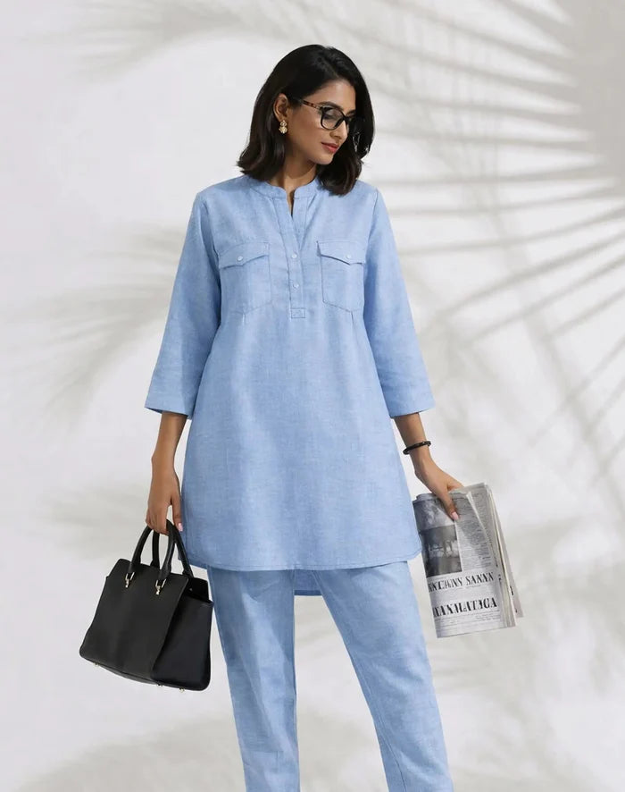 Powder Blue Linen Blend Kurta Co-ord Set for Women
