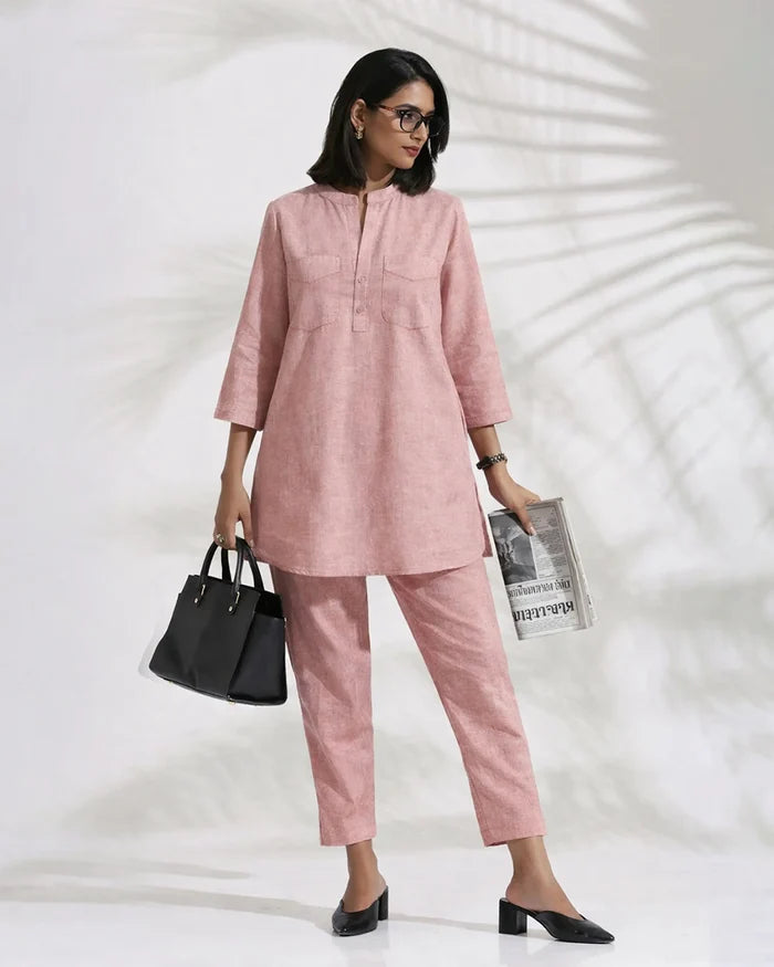 Powder Pink Linen Blend Kurta Co-ord Set for Women