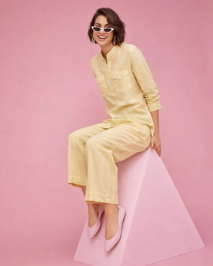 Powder Yellow Linen Blend Kurta Co-ord Set for Women